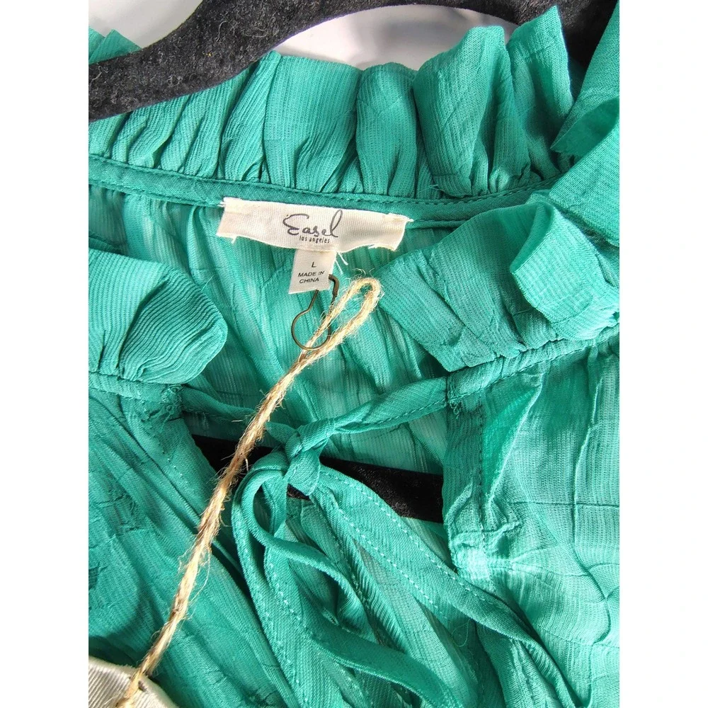 Easel Los Angeles Teal‎ Green Textured Chiffon Tiered Boho Mini Dress NWT Large